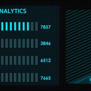 HUD graphic of screen. Futuristic user interface glow GUI digital text and number random element for cyber technology concept. Focus graph and charts depth of field dark and grain processed.