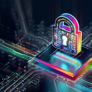 Hardware security concept. Digital shield firewall with central computer processor and futuristic circuit board